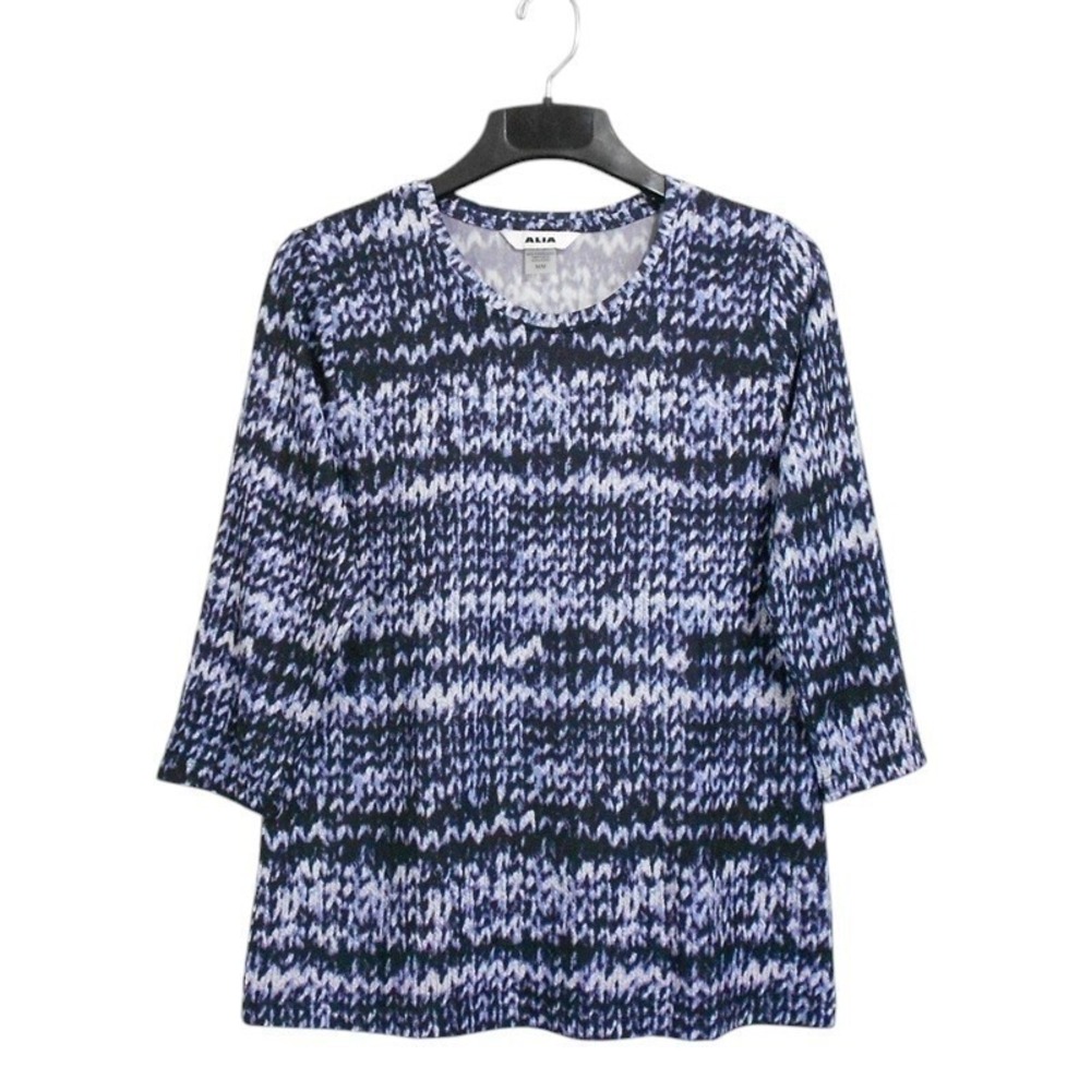 Alia Top Medium Blue Multi 3/4 Sleeve Round Neck‎ Geometric Print Knit Casual